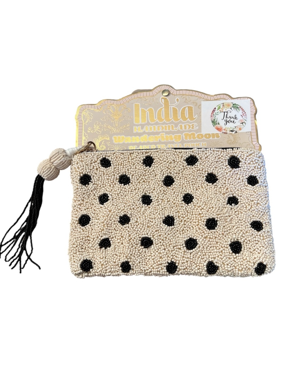 India handmade Cream Beaded Polka Dot Clutch with Black Tassel Accent